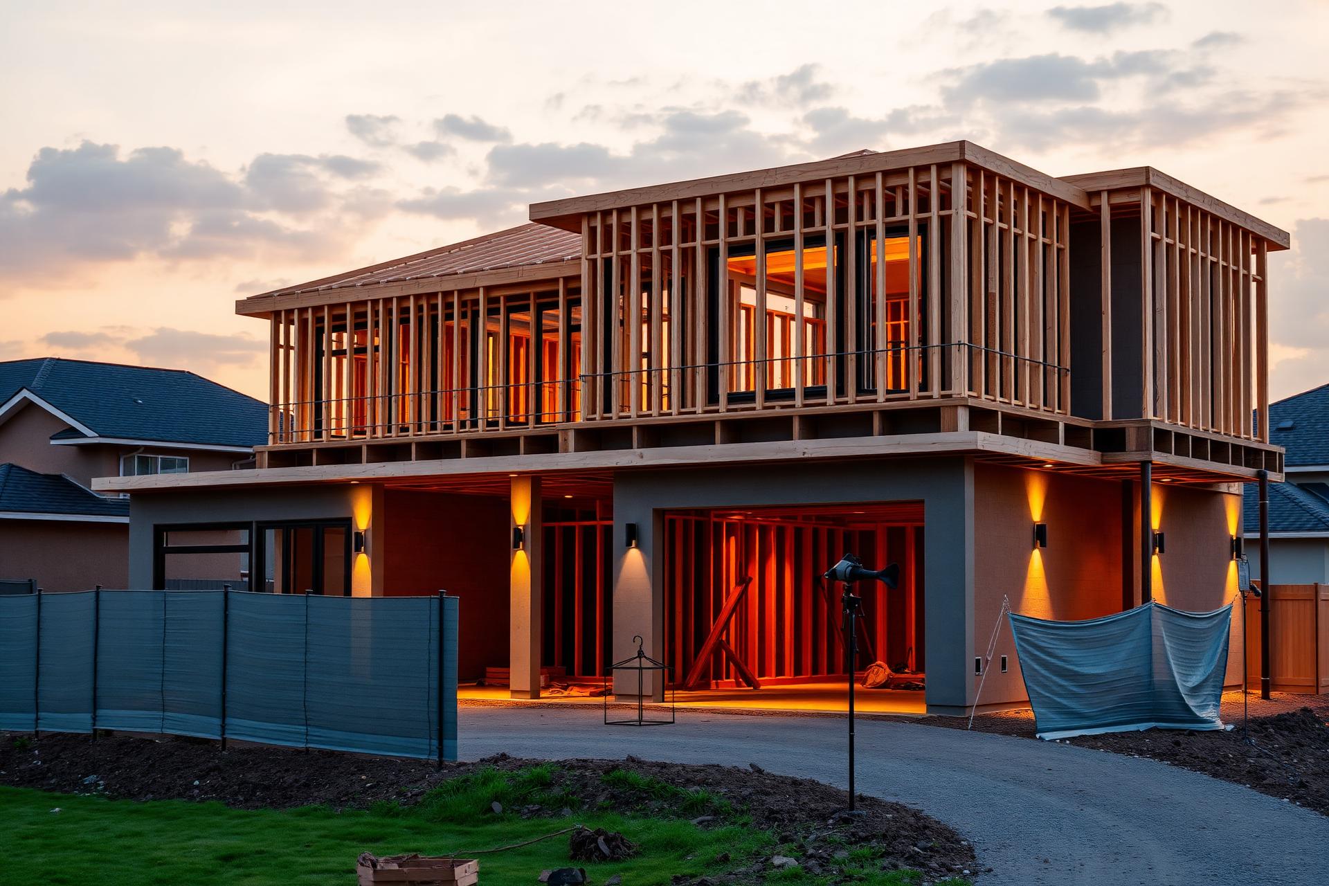 Luxury home under construction at golden hour